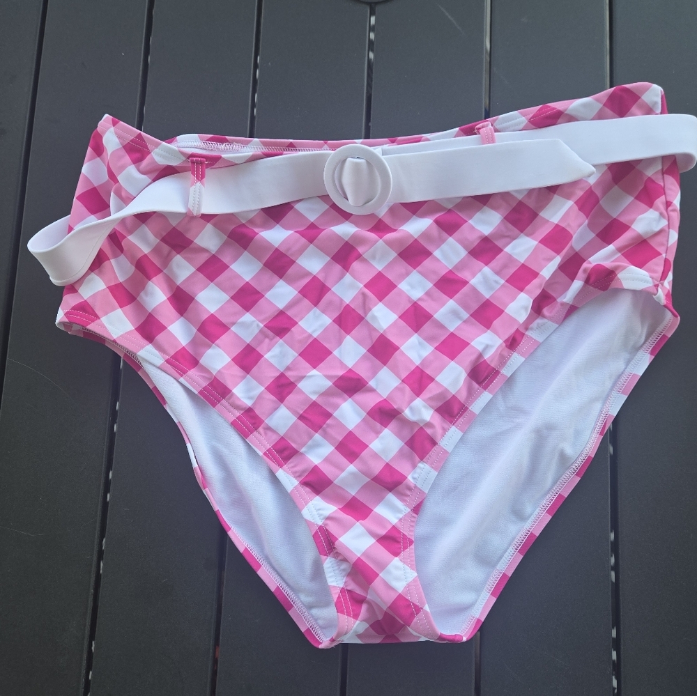 Unique Vintage Pink & White Gingham High-Waisted Bikini Bottoms With Belt Sz 2XL